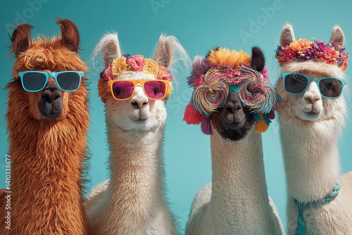 Four llamas wearing sunglasses and floral headwear against a teal background Showcase of animals with accessories, fun and quirky concept