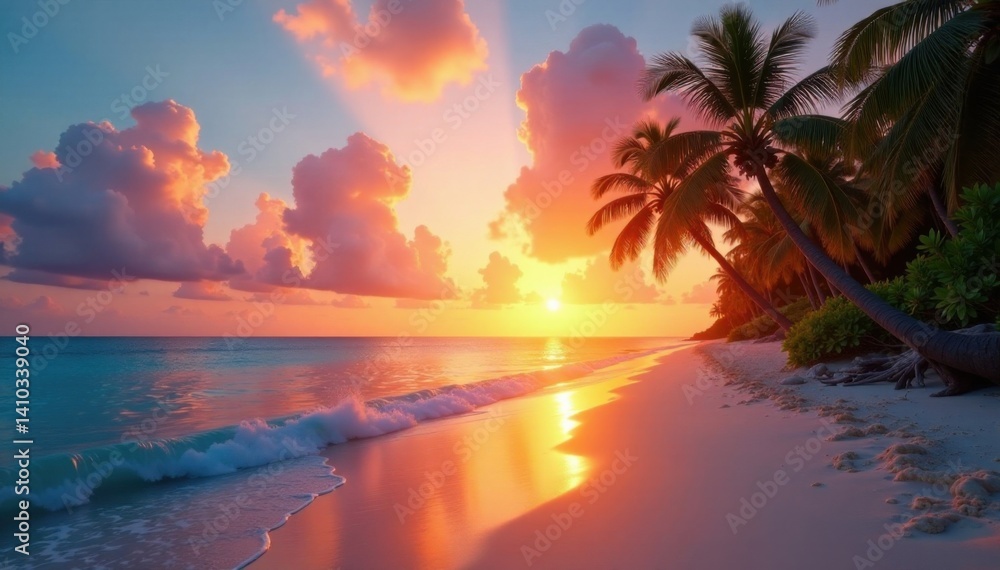 Palm trees line the shore of a tranquil beach at sunset, sandy beach, film grain, palm trees Palm trees line the shore of a tranquil beach at sunset, sandy beach, film grain, palm trees