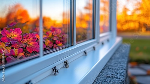 Fototapeta Naklejka Na Ścianę i Meble -  Autumnal window view reflecting fall foliage