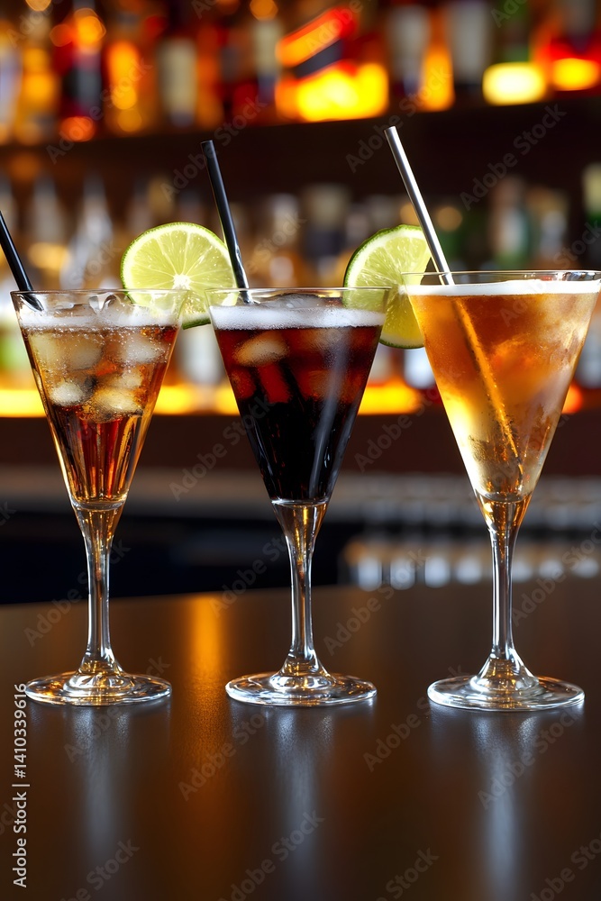 Three Mixed Drinks in Martini Glasses at Bar Three Mixed Drinks in Martini Glasses at Bar