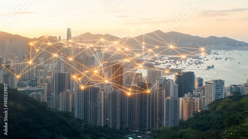 Innovative technology network connecting urban skyline hong kong digital art evening aerial view
