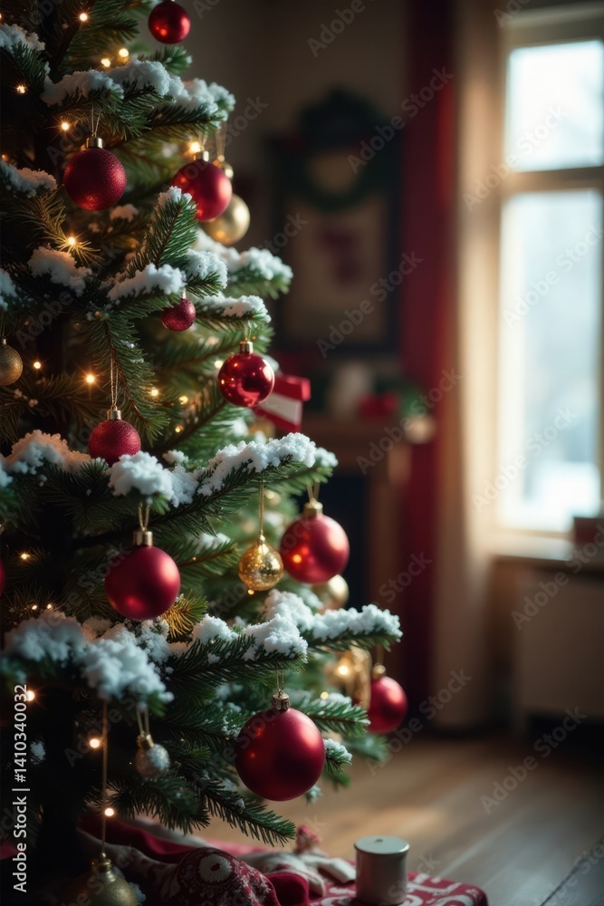 Snowy Christmas tree with ornaments and lights in a cozy room background, holiday cheer, festive atmosphere, seasonal decor Snowy Christmas tree with ornaments and lights in a cozy room background, holiday cheer, festive atmosphere, seasonal decor