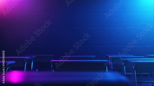 Interactive online classroom setup with vibrant lighting virtual learning environment educational tools modern design