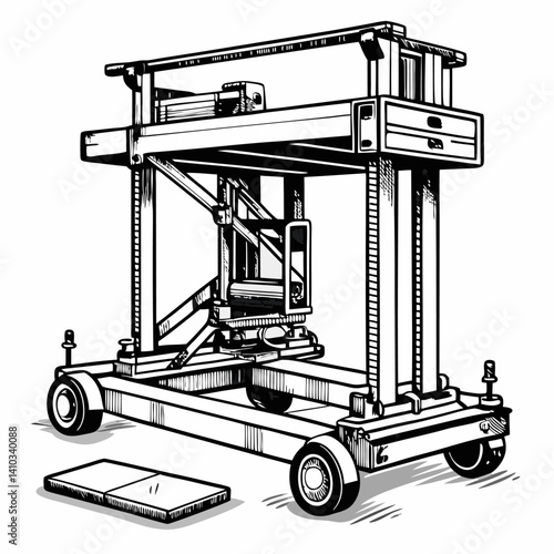 Vintage Mechanical Lift Crane Platform Black and White Industrial Retro Illustration