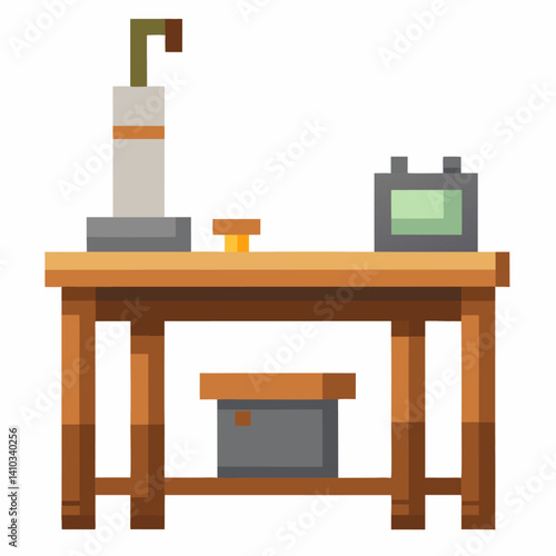 Retro Pixel Art of Vintage Desk with Lamp and Clock