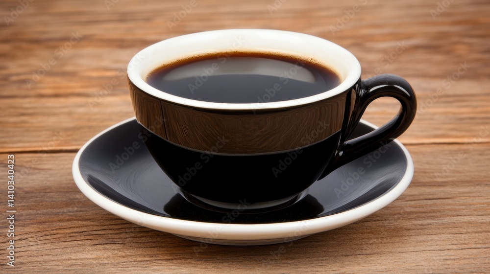Dark Coffee in a Black Cup on Rustic Wooden Table Dark Coffee in a Black Cup on Rustic Wooden Table