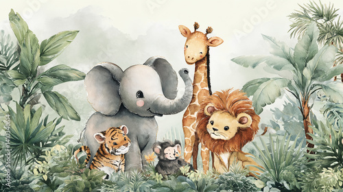 Fototapeta Naklejka Na Ścianę i Meble -  Watercolor illustration of elephant, giraffe, lion, tiger, and monkey in lush greenery, showcasing a whimsical jungle scene, ideal for children's room decor or playful brand imagery