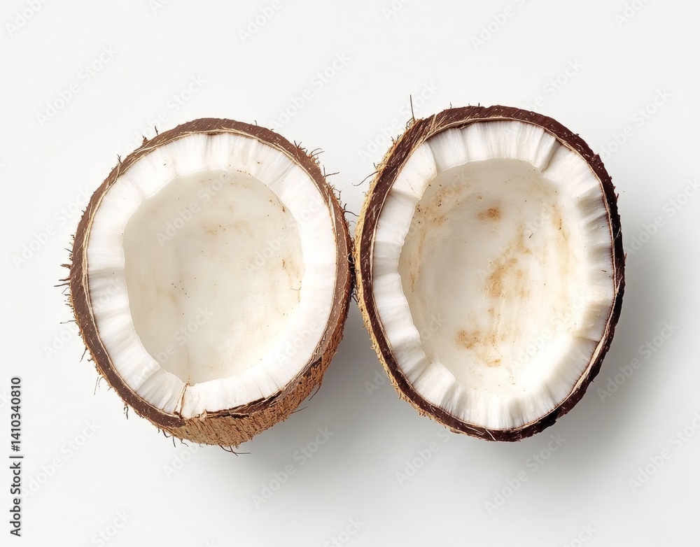 Two halves of a coconut. The inside flesh is visible, pale white and slightly textured. The brown outer shell is intact Two halves of a coconut. The inside flesh is visible, pale white and slightly textured. The brown outer shell is intact