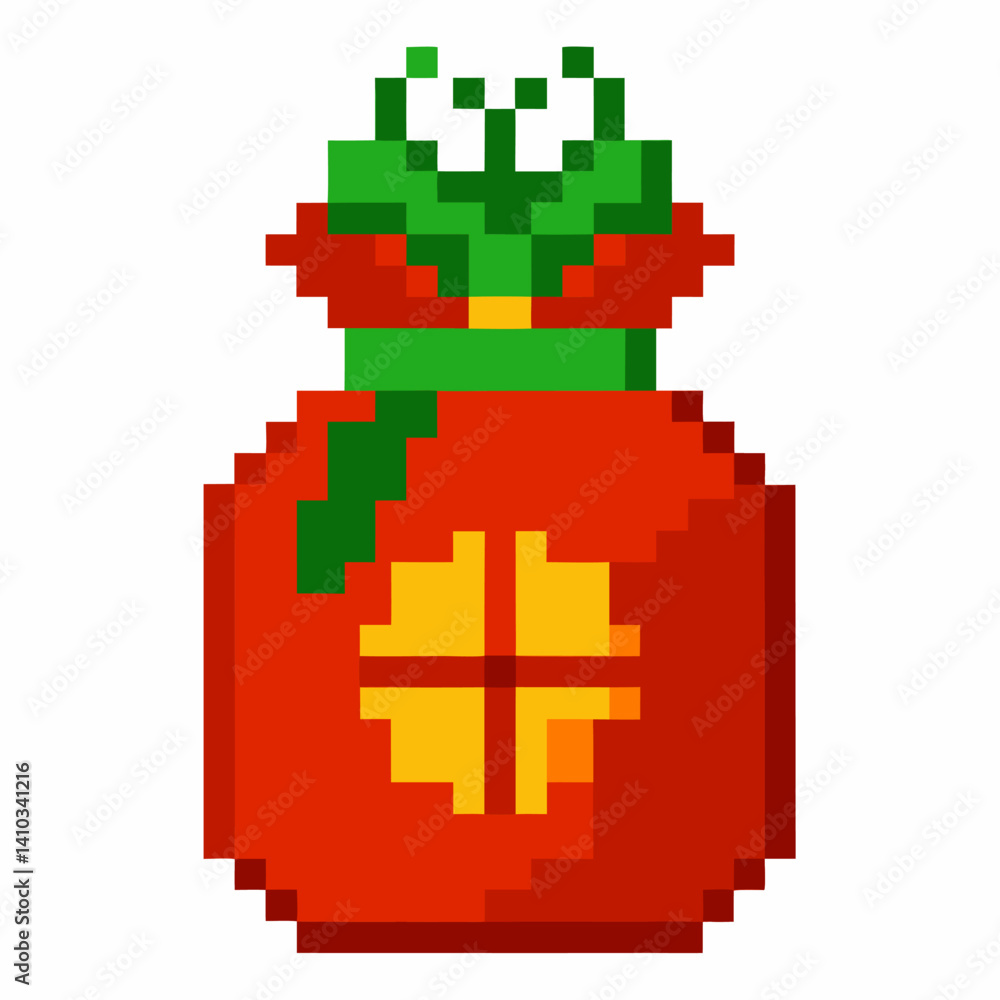 Obraz premium Pixel Art Christmas Gift Bag, Festive Digital Illustration of Holiday Present