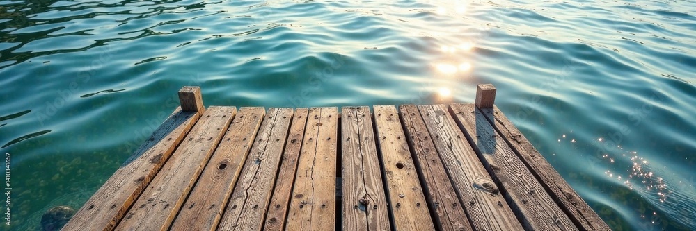 Worn wooden dock with peeling planks and water lapping beneath, decay, worn, dock Worn wooden dock with peeling planks and water lapping beneath, decay, worn, dock