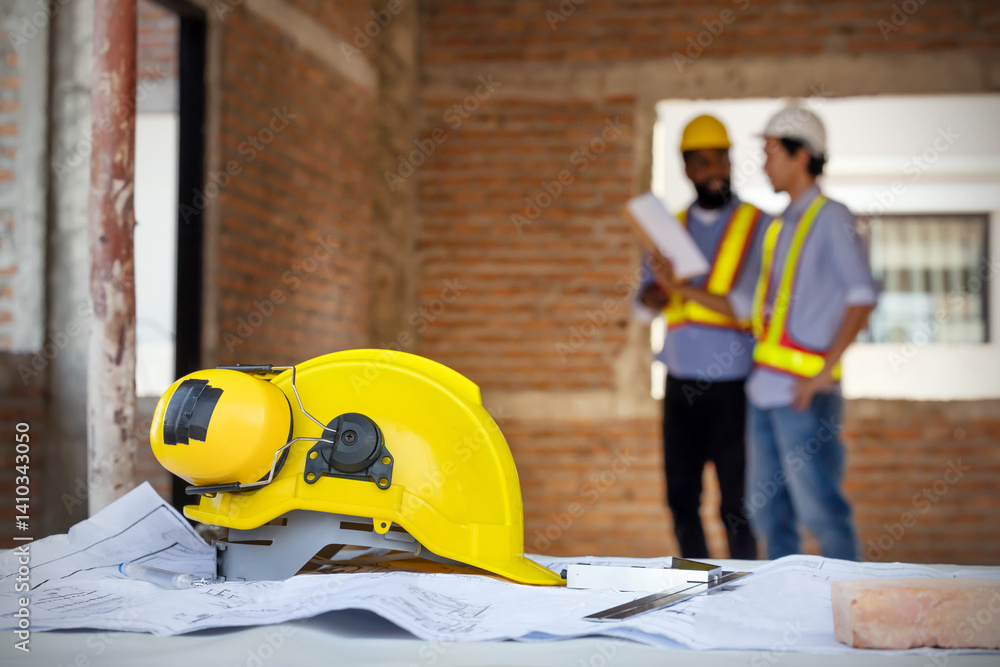 Construction workers collaborating on a building project at a construction site in the daytime Construction workers collaborating on a building project at a construction site in the daytime