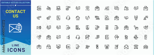 Contact Us icon set in linear style. Contain linear symbols address, personal information, communication, contact, email, info and more. Sign and Symbol. Info icon. Vector illustration.