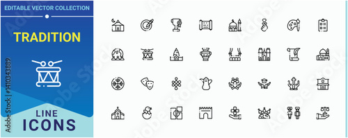 Tradition line icon set. Includes symbols for enjoying, entertainment, musical, theatre, cinema, theater and more. Culture icon set. Icons for website. Editable stroke. Pixel Perfect.
