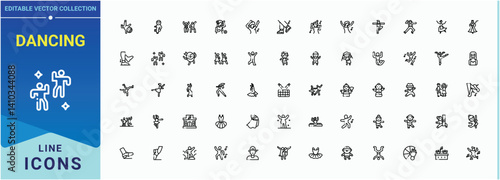 Dancing line icon set. Featuring entertainment, hip hop, break dance, disco, dance, party and more. Set of line pictogram. Disco icon set. Pixel perfect. Vector illustration.