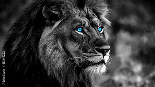 Majestic black-and-white lion with piercing blue eyes, a symbol of rare beauty and untamed wilderness.