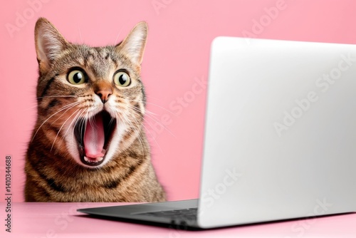 Surprised tabby cat with open mouth looking at laptop screen on pink background.
