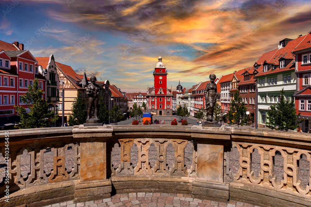 View from the Schlossberg to the town hall on the main market square - Hauptmarkt in Gotha at sunset