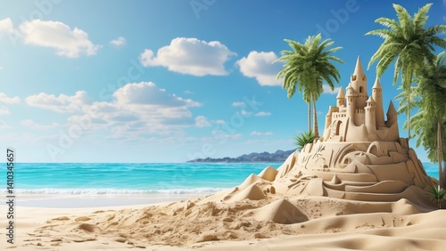 Fototapeta Naklejka Na Ścianę i Meble -  A scenic beach view featuring two sandcastles on a sandy shoreline, with a backdrop of turquoise ocean water and a clear blue sky dotted with fluffy white clouds
