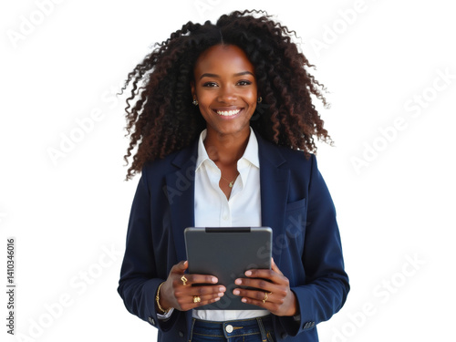 Wallpaper Mural Business portrait isolated on white transparent background: A confident Black woman in a navy blazer and white shirt smiles while holding a tablet against a plain white wall. Torontodigital.ca