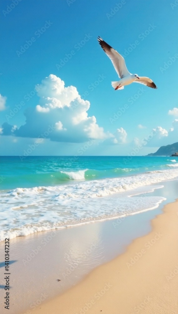 Fototapeta premium Seagulls fly overhead on a serene sandy ocean shore , beach, sunset, tropical paradise