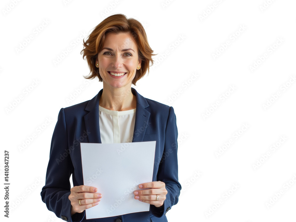 Business portrait isolated on white transparent background: A confident businesswoman with shoulder-length brown hair smiles warmly while holding a blank white paper against a plain white background Business portrait isolated on white transparent background: A confident businesswoman with shoulder-length brown hair smiles warmly while holding a blank white paper against a plain white background