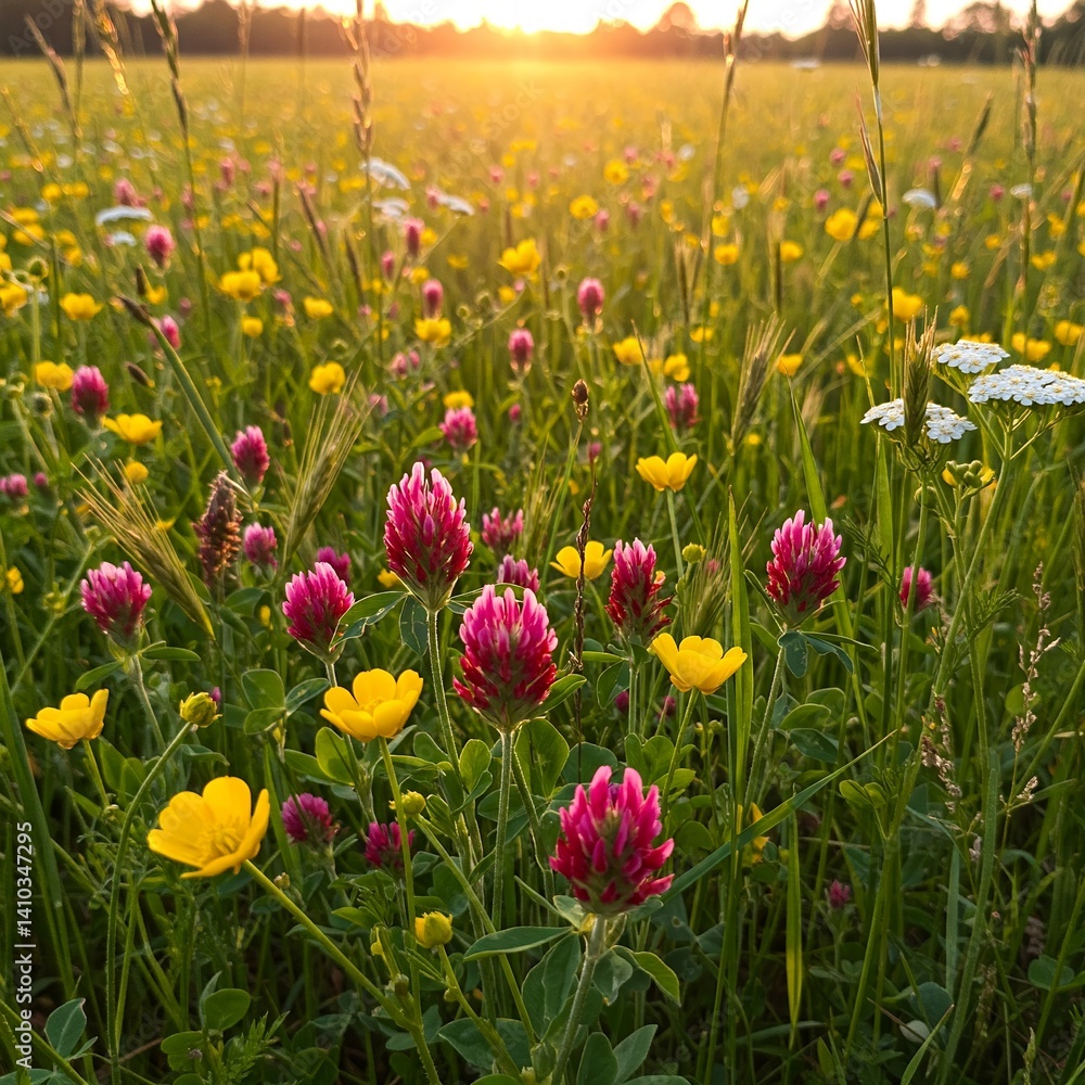 Obraz premium A scene of diverse wildflowers blooming in an open field during the evening, with soft, warm light casting a painterly effect.
