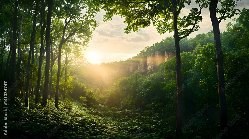 Naklejka premium Pixelated Forest Sunset Scene