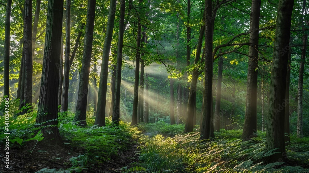 Obraz premium Sunbeams in Lush Green Forest Magical Woodland Path Misty Morning Sunlight Through Trees