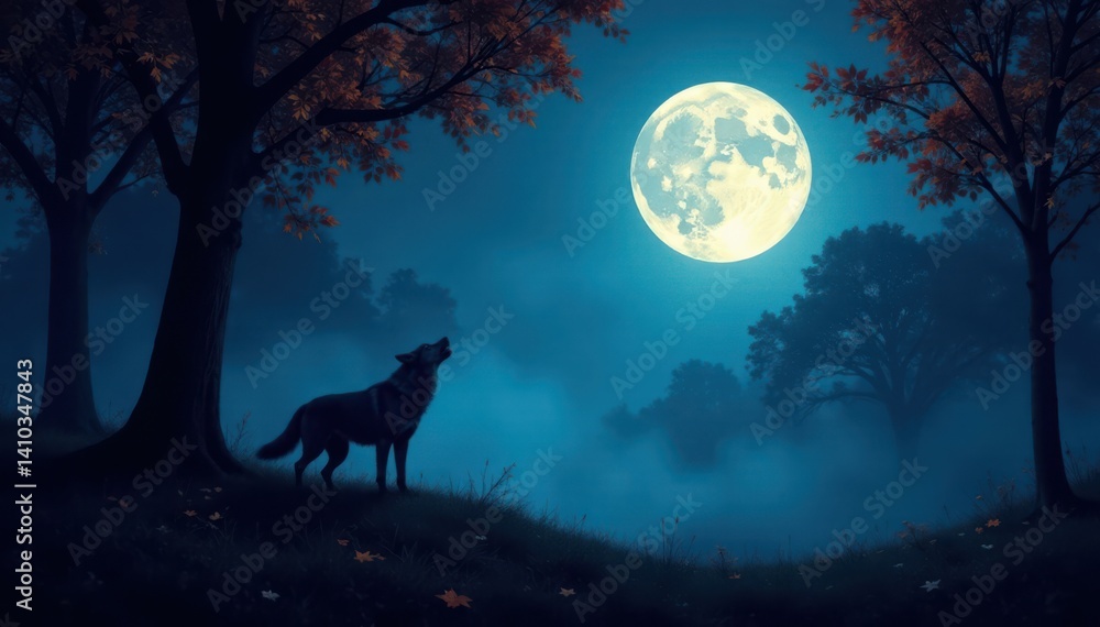 Full moonlit forest with howling wolf silhouette, misty trees, and autumn leaves, wildlife, wilderness Full moonlit forest with howling wolf silhouette, misty trees, and autumn leaves, wildlife, wilderness