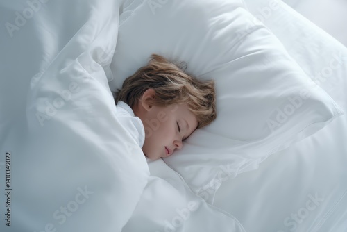 Top View Close-Up of Sleeping Baby on White Bedding, Peaceful Newborn Portrait.