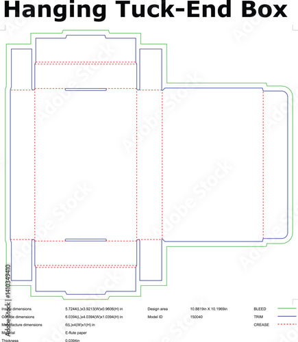 Hanging Tuck End Box Blueprint Packaging Design Template For Corrugated E Flute Paper With Bleed Trim And Crease Lines Layout Flat Vector