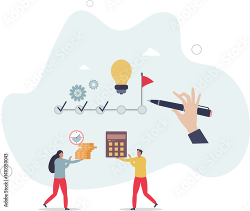 Business solution and goals.Cartoon tiny people mark points in timeline with pen.flat character life .