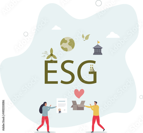 ESG environmental social governance as green company development strategy.Ecological resource consumption and renewable energy usage.flat character life .