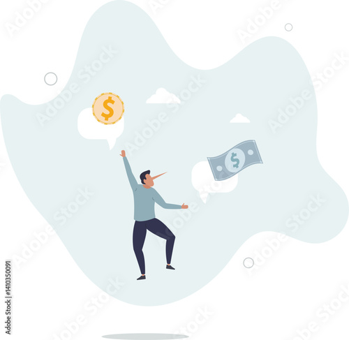 Exaggeration lying about investment profit, income or financial scam, extreme politics story, trap or pitfall concept.flat character life .