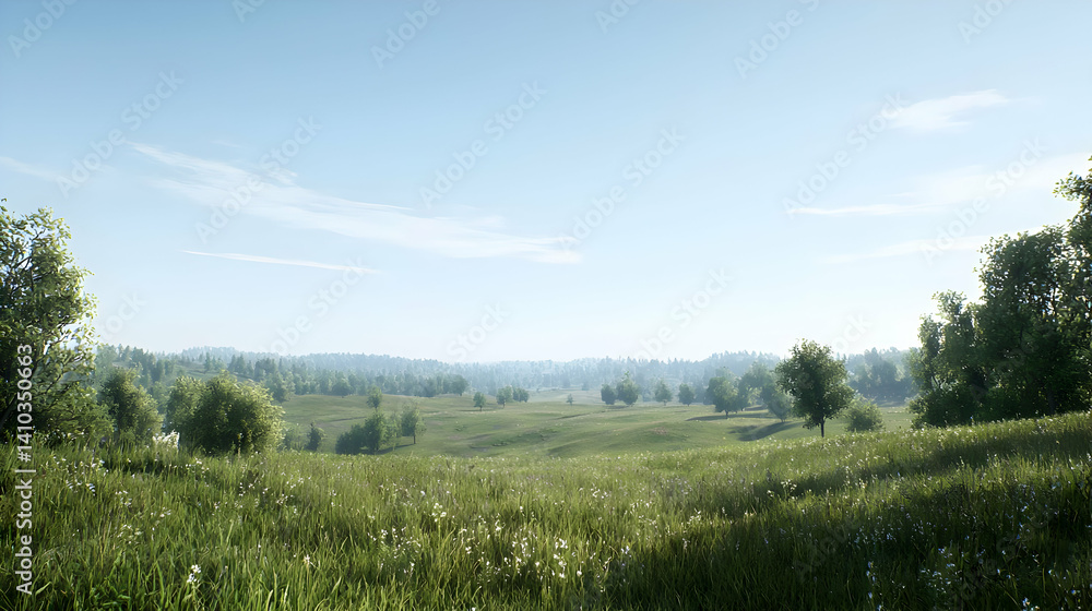Fototapeta premium Green Field And Trees Landscape Panorama