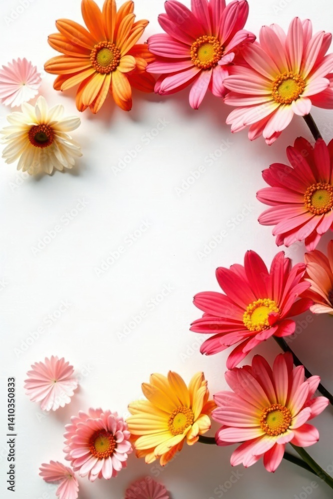 Vibrant petal arrangement on white background, botanical garden, colourful blooms Vibrant petal arrangement on white background, botanical garden, colourful blooms