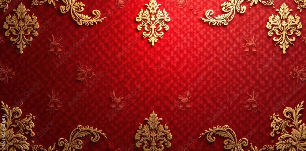 Damask Pattern with Gold Accents on Red Wallpaper, Decorative, Pattern, Wallpaper Damask Pattern with Gold Accents on Red Wallpaper, Decorative, Pattern, Wallpaper