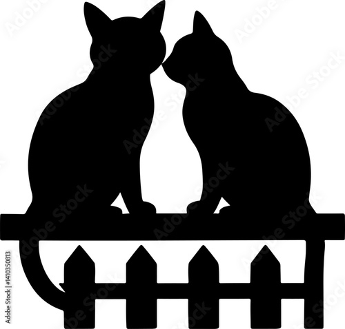 Silhouette vector of romantic cats cuddling on a fence, perfect for pet enthusiasts and home decor art.

