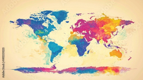 A vibrant watercolor world map showcasing colorful continents and oceans in a stylish artistic representation perfect for global travel brochures and colorful world designs.