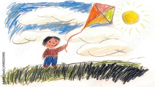 Child flying a kite on a sunny day with clouds in the background  