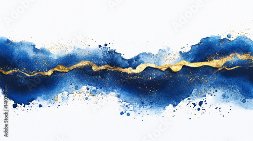 Abstract watercolor painting with gold and blue streaks on white background.