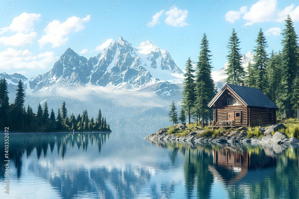Fototapeta premium Serene log cabin nestled beside a tranquil alpine lake.
