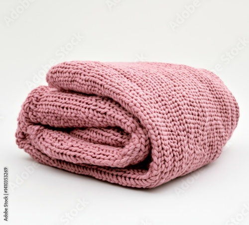Soft, folded, knitted throw blanket in a delicate rose-pink hue