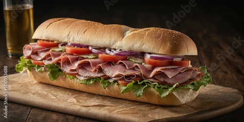 Frisches Sub-Sandwich mit Wurst, Tomaten, roten Zwiebeln, Gurken und Salat auf fluffigem Baguettebrot, angerichtet auf Backpapier mit Getränk im Hintergrund