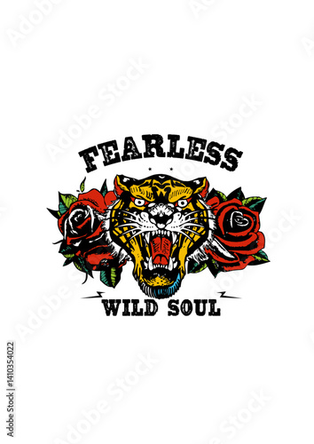 Tigre tattoo old school citation rose fleur fearless wild soul slogan feuille dessin