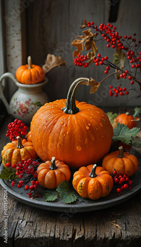 Rustic Autumn Pumpkin Arrangement with Seasonal Elements Against Blurred Background with Natural Light