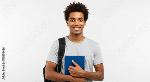 Smiling Young Afro College Student in Gray Shirt Holding Books and Backpack on His Back 