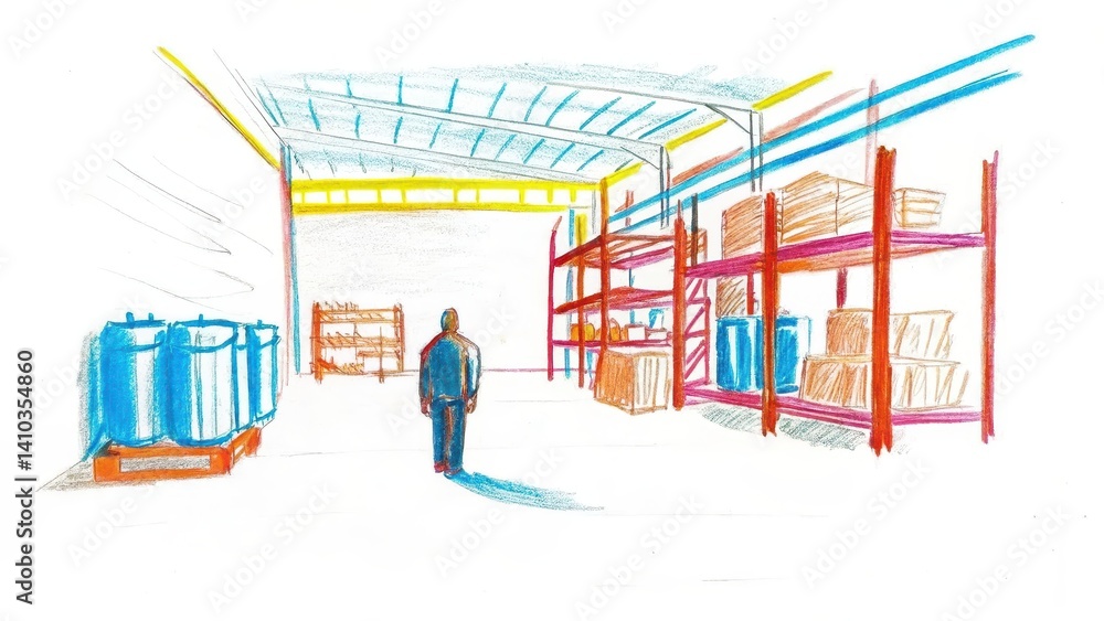 Naklejka premium Person walking in an industrial warehouse with colorful shelves 