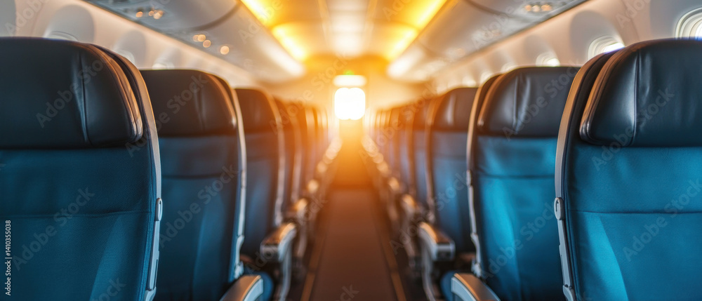 Fototapeta premium Spacious airplane interior with empty seats, warm sunlight streaming through windows, creating serene travel atmosphere