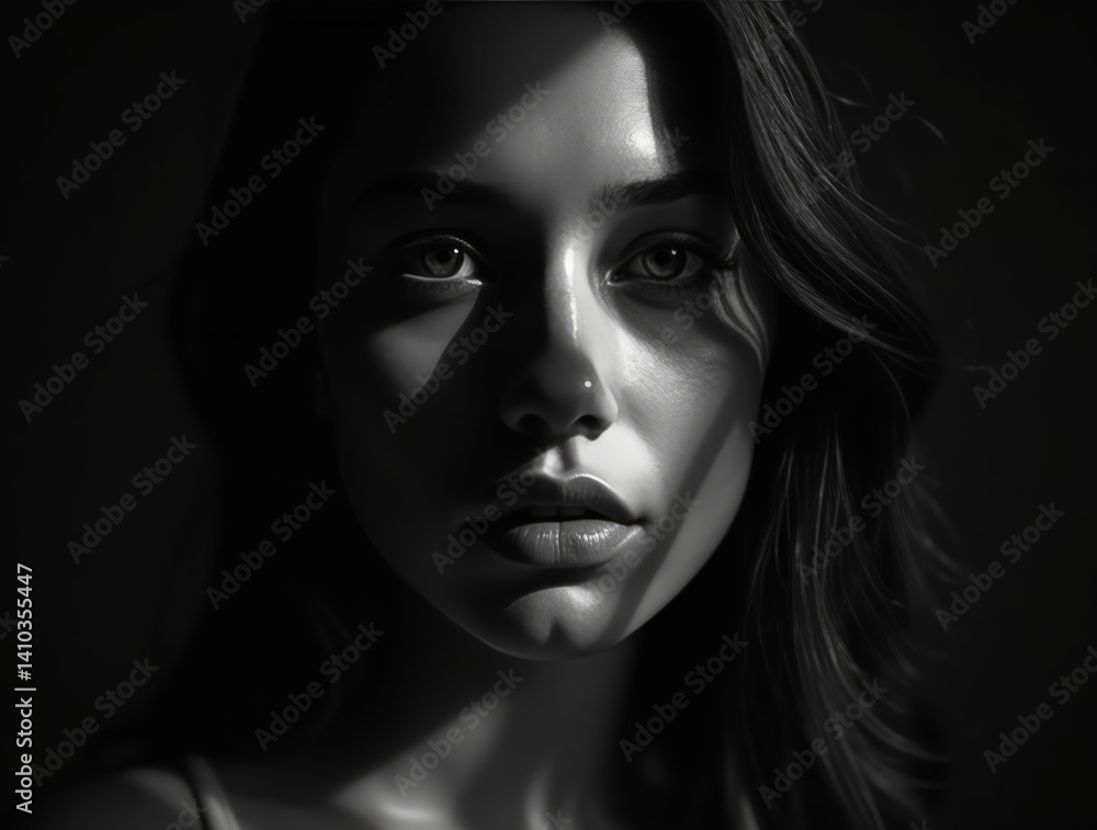 Powerful Black and White Portrait of a Woman Standing Half in Shadow - Abstract Duality Powerful Black and White Portrait of a Woman Standing Half in Shadow - Abstract Duality